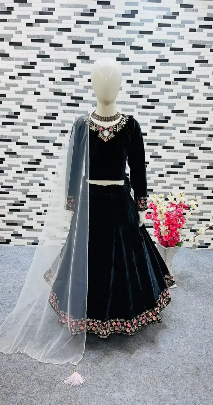 Viscose Velvet Heavy Embroidered Lehenga for kids