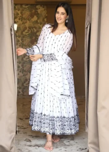 White Faux Georgette Embroidered Anarkali Suit