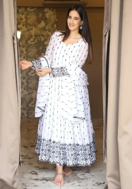 White Faux Georgette Embroidered Anarkali Suit