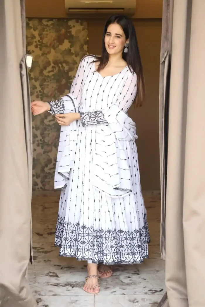 White Faux Georgette Embroidered Anarkali Suit