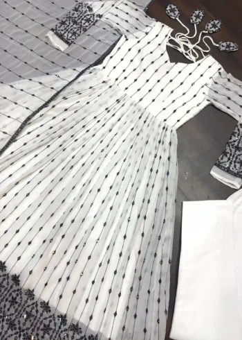 White Faux Georgette Embroidered Anarkali Suit