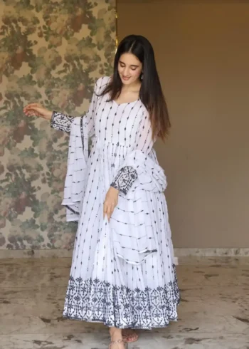 White Faux Georgette Embroidered Anarkali Suit