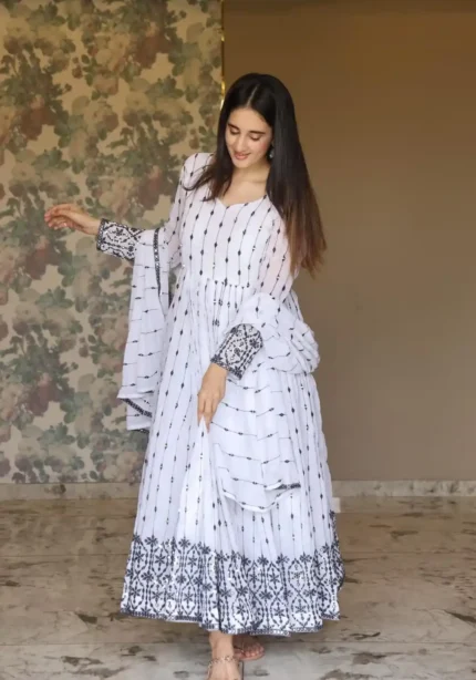 White Faux Georgette Embroidered Anarkali Suit