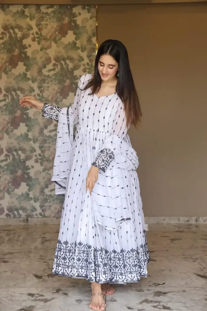 White Faux Georgette Embroidered Anarkali Suit