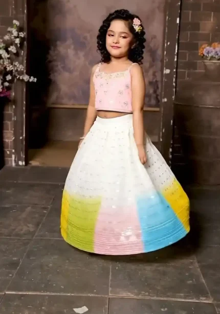 White Kids Lehenga with Multi Colour Border