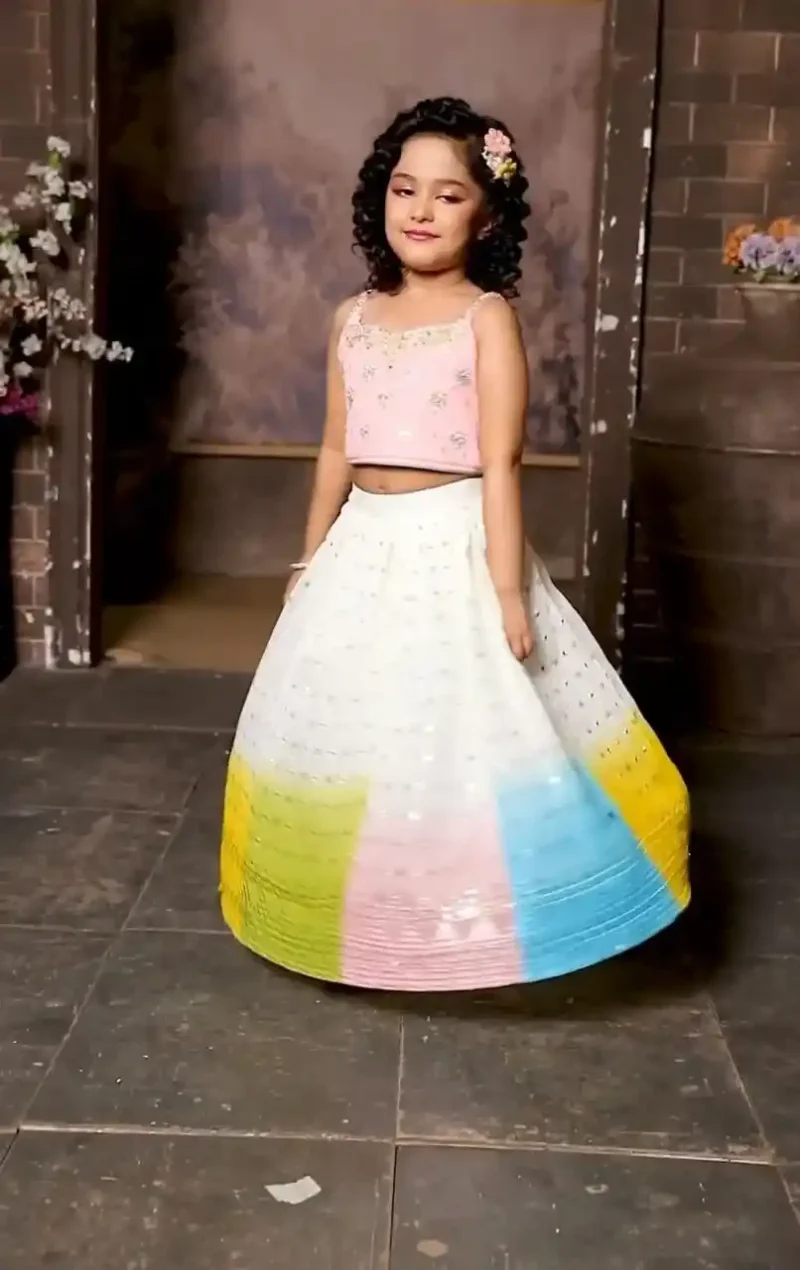White Kids Lehenga with Multi Colour Border