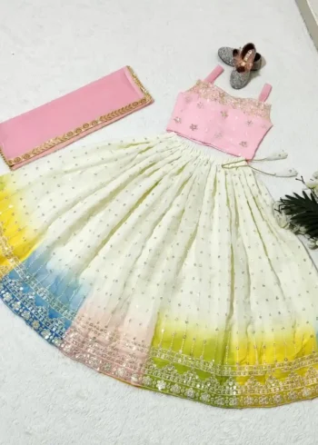 White Kids Lehenga with Multi Colour Border