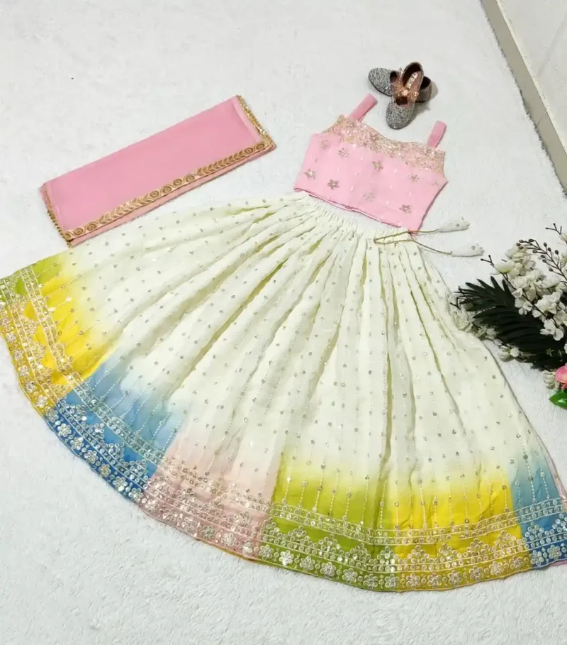 White Kids Lehenga with Multi Colour Border