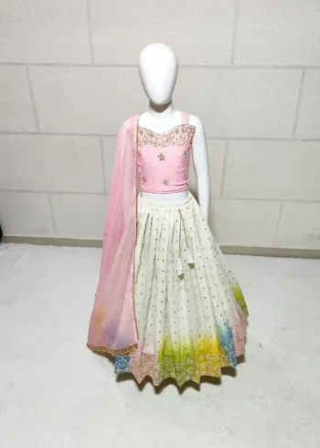 White Kids Lehenga with Multi Colour Border