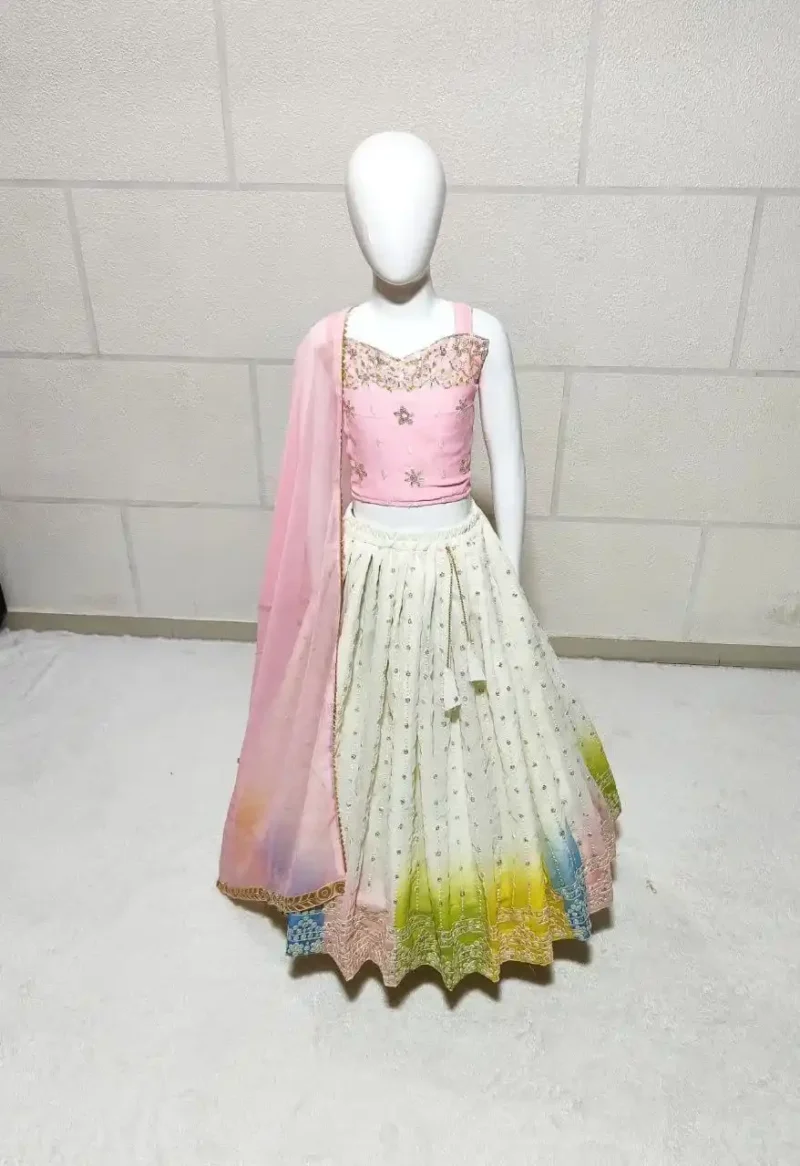 White Kids Lehenga with Multi Colour Border