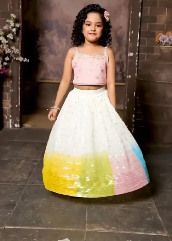 White Kids Lehenga with Multi Colour Border