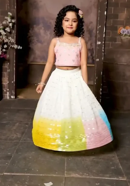 White Kids Lehenga with Multi Colour Border