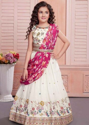 White Sequins Embroidered Lehenga for Kids