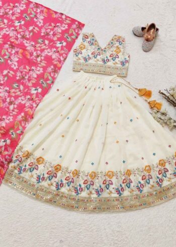 White Sequins Embroidered Lehegna for Kids