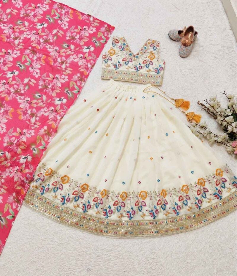 White Sequins Embroidered Lehegna for Kids