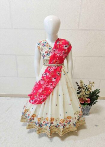 White Sequins Embroidered Lehegna for Kids