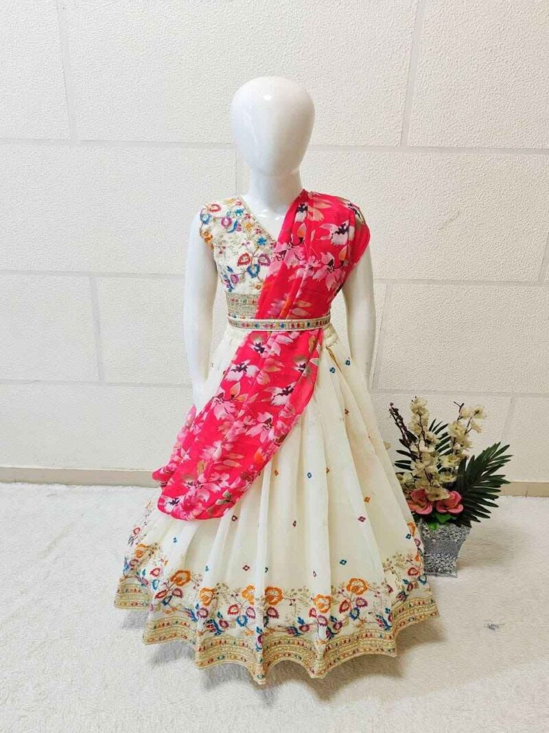White Sequins Embroidered Lehegna for Kids
