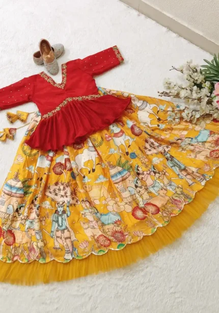 Yellow Colour Chinon Silk Crush Work Kids Lehenga Choli