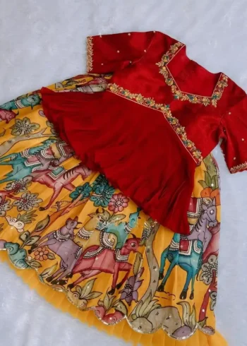 Yellow Colour Chinon Silk Crush Work Kids Lehenga Choli