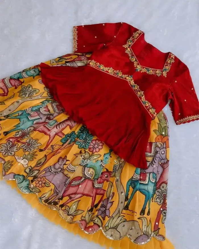 Yellow Colour Chinon Silk Crush Work Kids Lehenga Choli