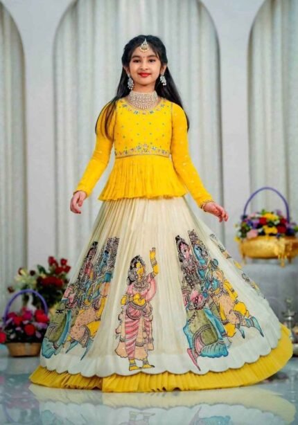 Yellow Kediya Style Kids Lehenga with Diamond Work