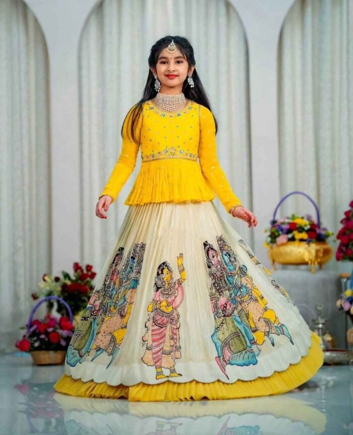 Yellow Kediya Style Kids Lehenga with Diamond Work