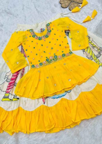 Yellow Kediya Style Kids Lehenga with Diamond Work