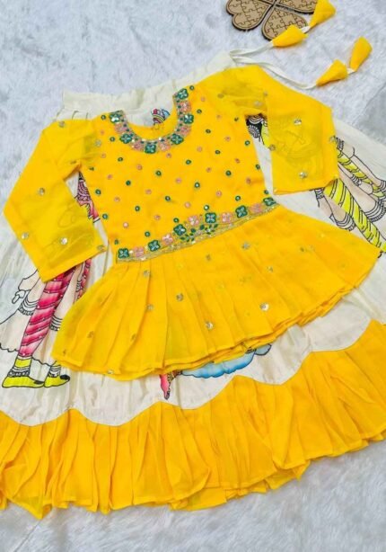 Yellow Kediya Style Kids Lehenga with Diamond Work