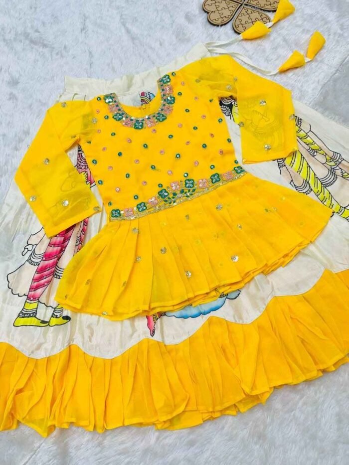 Yellow Kediya Style Kids Lehenga with Diamond Work