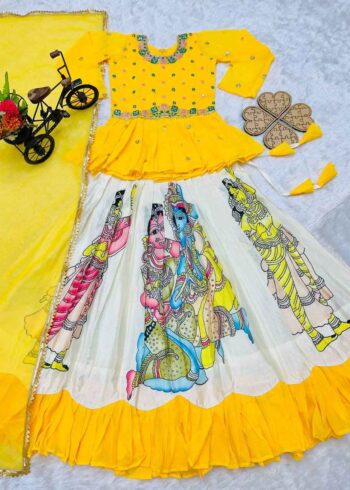 Yellow Kediya Style Kids Lehenga with Diamond Work