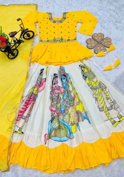 Yellow Kediya Style Kids Lehenga with Diamond Work