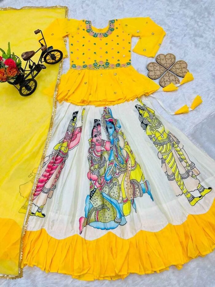 Yellow Kediya Style Kids Lehenga with Diamond Work