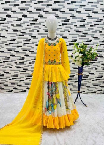 Yellow Kediya Style Kids Lehenga with Diamond Work