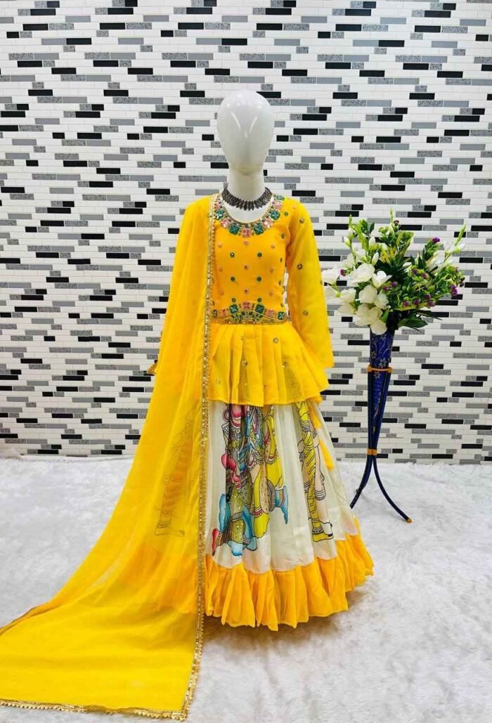 Yellow Kediya Style Kids Lehenga with Diamond Work