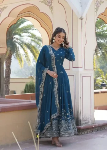 Bue Colour Zari & Sequins Embroidered Faux Georgette Designer Gown