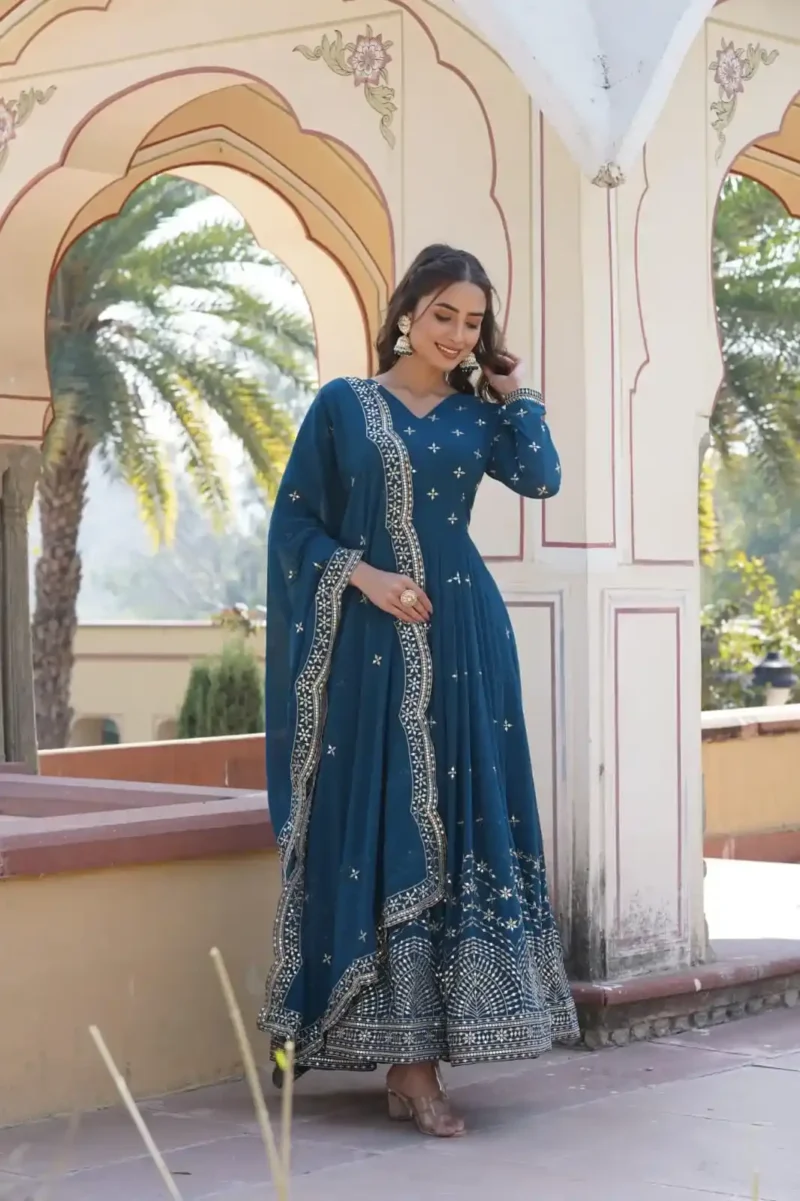 Bue Colour Zari & Sequins Embroidered Faux Georgette Designer Gown