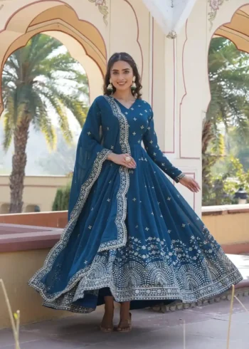 Bue Colour Zari & Sequins Embroidered Faux Georgette Designer Gown