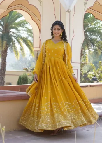 Yellow Colour Zari & Sequins Embroidered Faux Georgette Designer Gown