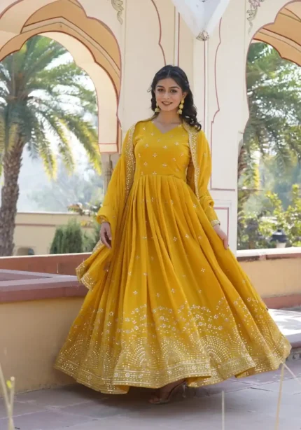 Yellow Colour Zari & Sequins Embroidered Faux Georgette Designer Gown