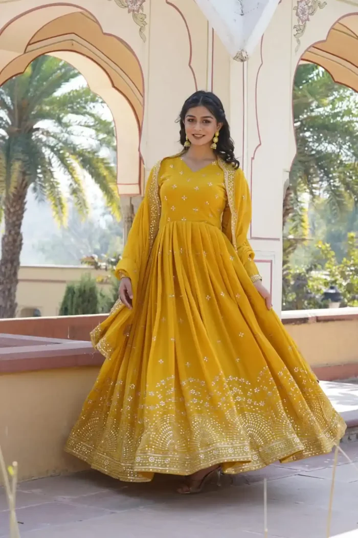 Yellow Colour Zari & Sequins Embroidered Faux Georgette Designer Gown