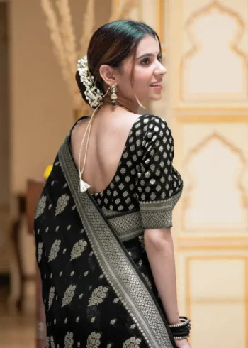 black Colour Zari Work Jacquard Weave Banarasi Silk Saree