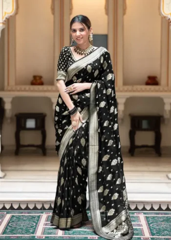 black Colour Zari Work Jacquard Weave Banarasi Silk Saree