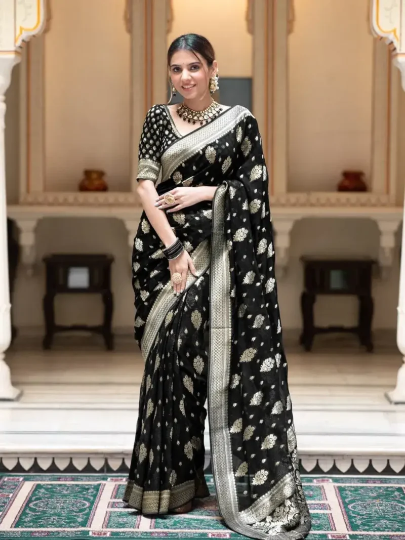 black Colour Zari Work Jacquard Weave Banarasi Silk Saree