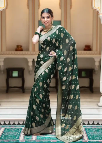 green Colour Zair Work Jacquard Weave Banarasi Silk Saree