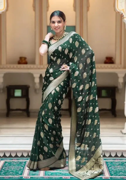 green Colour Zair Work Jacquard Weave Banarasi Silk Saree