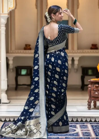 navy blue Colour Zair Work Jacquard Weave Banarasi Silk Saree