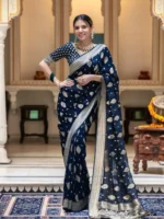 navy blue Colour Zair Work Jacquard Weave Banarasi Silk Saree