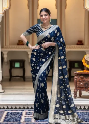 navy blue Colour Zair Work Jacquard Weave Banarasi Silk Saree