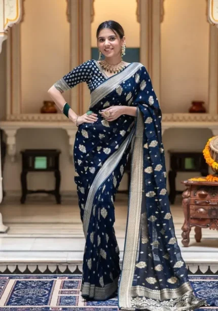 navy blue Colour Zair Work Jacquard Weave Banarasi Silk Saree