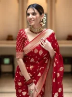 red Colour Zair Work Jacquard Weave Banarasi Silk Saree